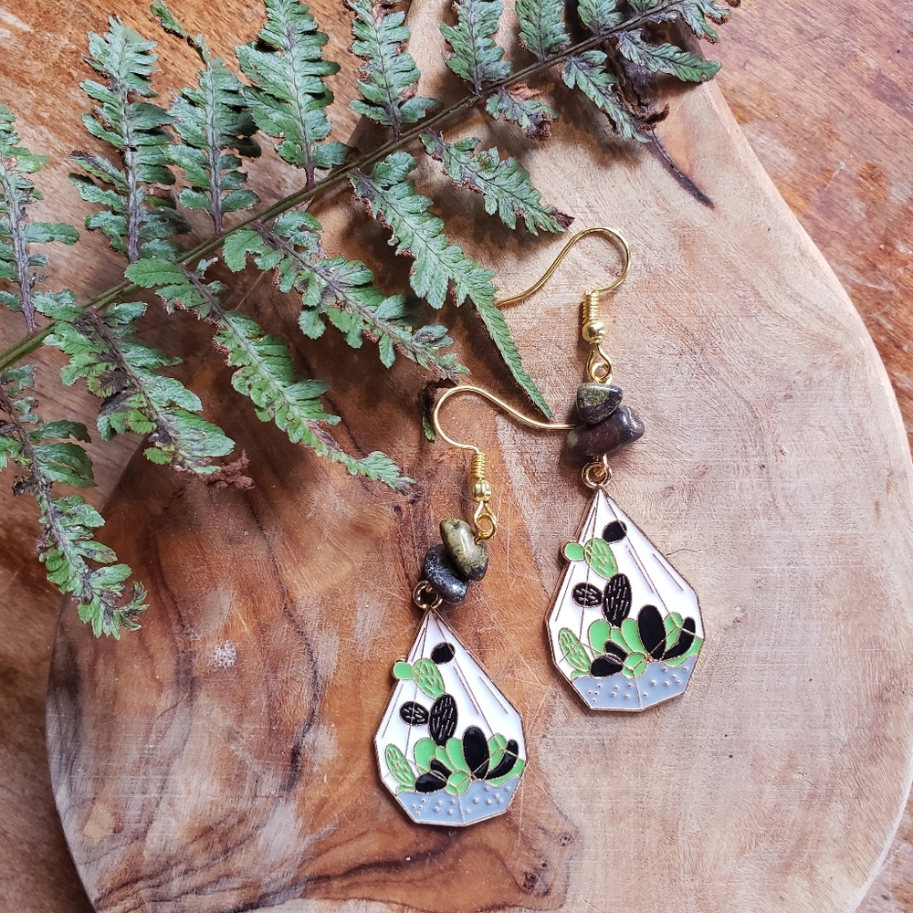 Handmade Terrarium Cactus x Dragon Blood Stones House Plant Dangling Earrings
